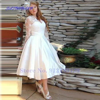 Vestidos De Novia 2024 플러스 사이즈 정원 V넥 짧은 웨딩 원피스, 긴 소매 얇은 명주 그물 얼룩 A 라인 레이스 티 길이 신부 가운