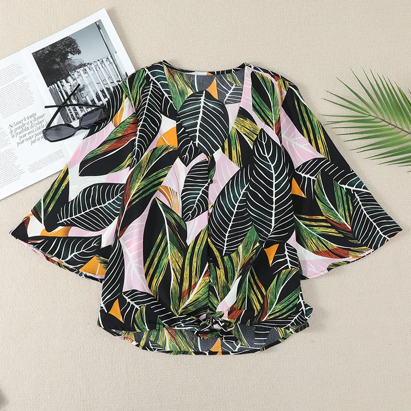 Chiffon Blouse Shirts Elegant Women Lace Up V Neck Single Breasted Three Quarter Sleeve Summer New