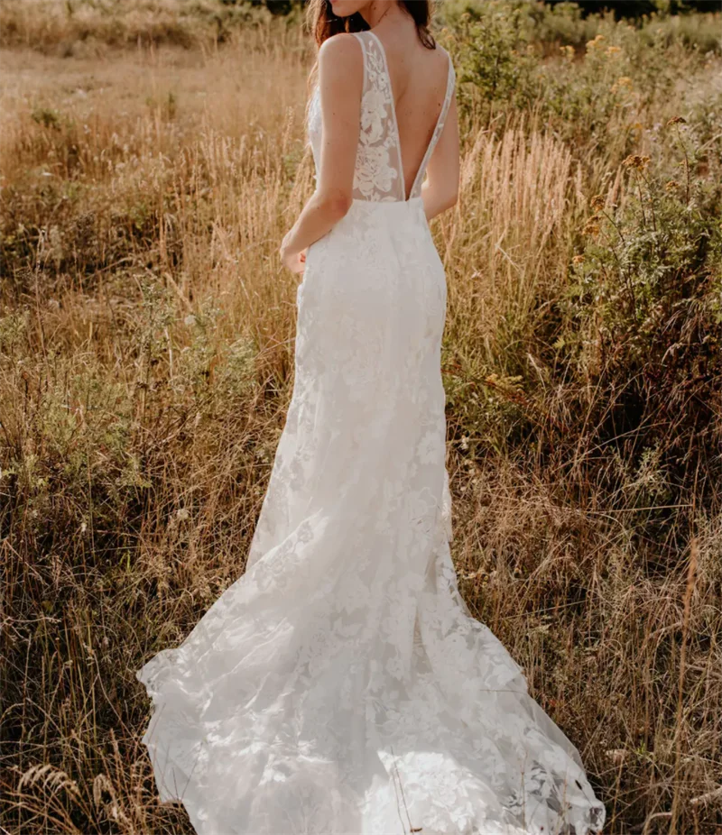 Vestidos de novia corte sirena con escote en V profundo, sin mangas, encaje, vestido de boda con espalda al aire