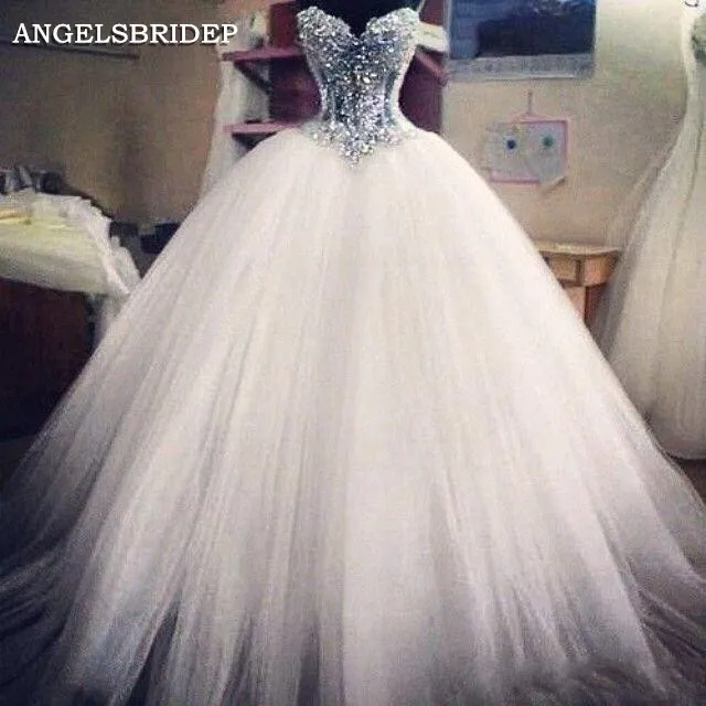 

ANGELSBRIDEP Sweetheart Ball Gown Wedding Dress Vestido De Noiva Bling Bling Crystals Floor-Length Formal Bohemian Bride Dresses