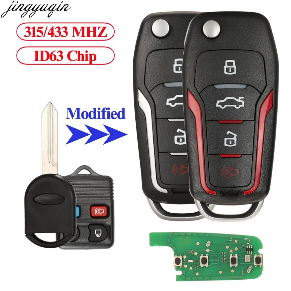 Jingyuqin Remote Control Car Key 315/433MHZ ID63 For Ford Crown Focus Taurus Lincoln Navigator Mercury Tracer 1998-2011 4 Button