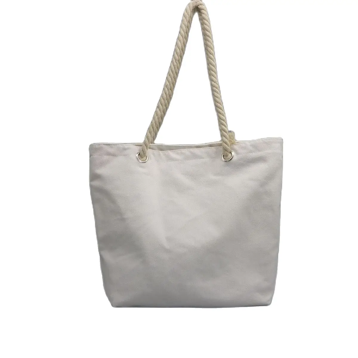 1piece Blank Natural Cotton Canvas Tote Bags with Zipper Rope Handle for Grocery Shopping Beach Gift Bag