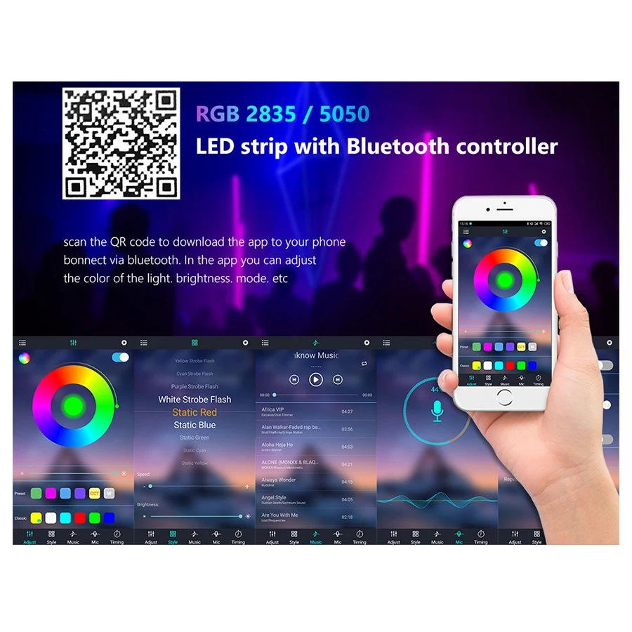 Controlador de tira LED con micrófono incorporado, Control de sincronización de música para cinta de lámpara SMD 5050 2835, Bluetooth, RGB, DC 5-24V