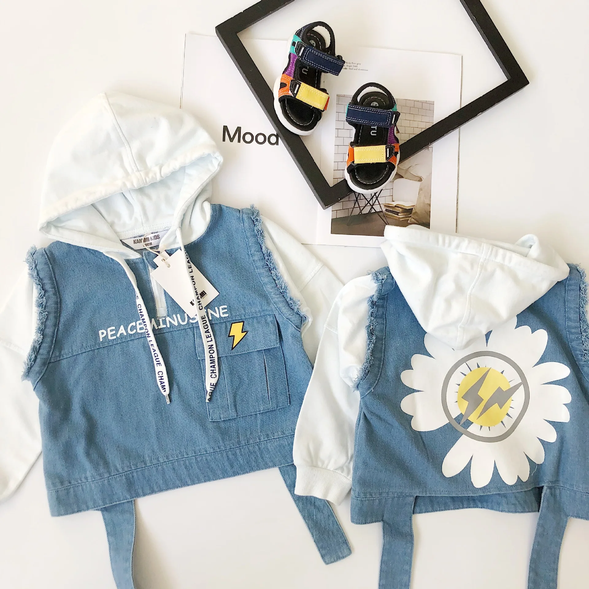 Tonytaobaby Cool Autumn Style Foreign Color Contrast Denim Print Daisy Top Neutral Kids Hoodies