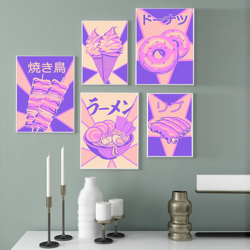 Ramen Ribs Yakitori Donuts Ice Cream Canvas Paintings Japanese Cartoon Delicious Foods Poster Kitchen Wall Art Decor Pictures