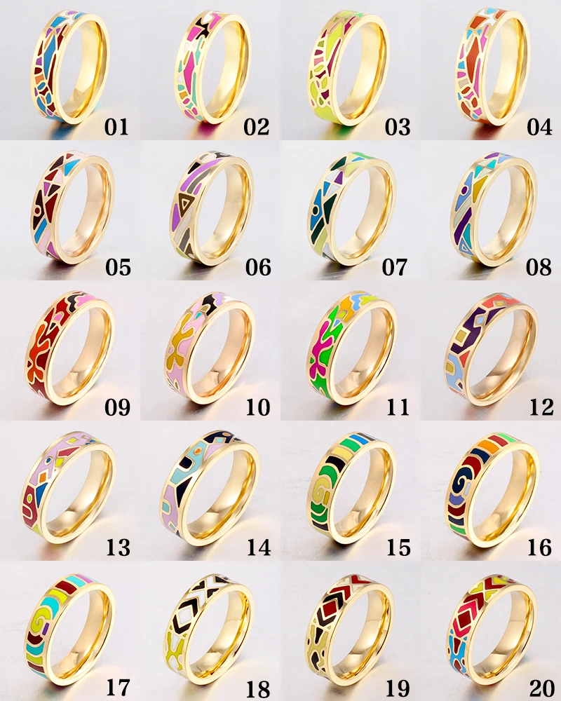 Color Culture Good Quality Gilded Stainless Steel Ring for Women Vintage Face Width 0.6mm Costume Enamel Jewelry Wholesale