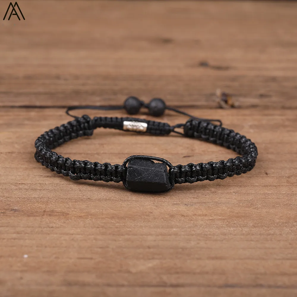 Natural Black Tourmaline Single Beads Woven Adjustable Bracelet Boho Women 6mm Black Lava Stone Beads Mala Bracelet N0383AMC image 3