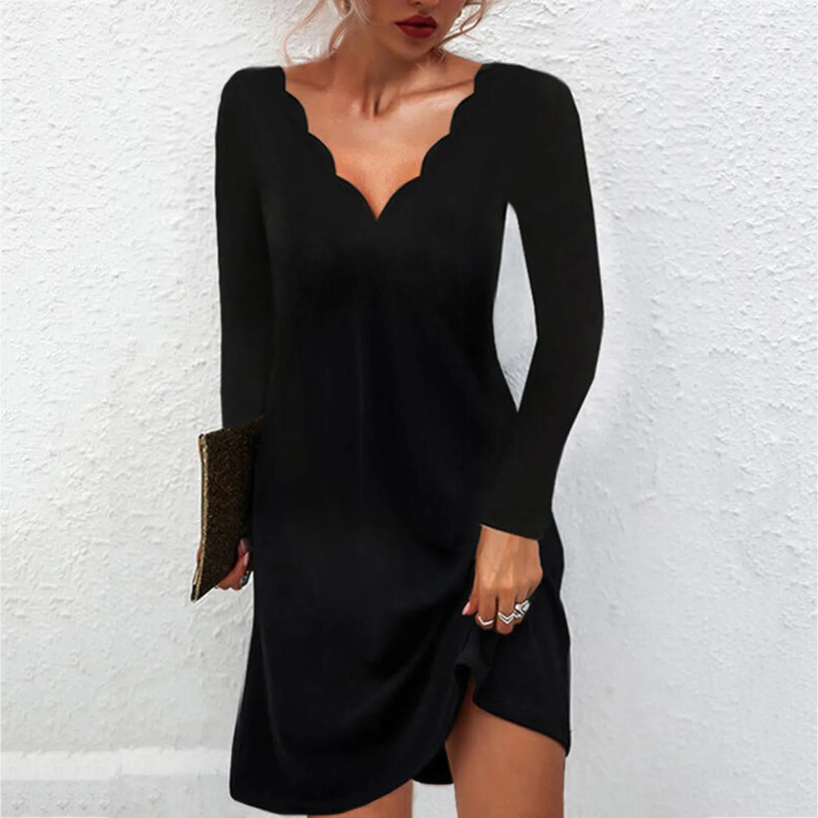 Long Sleeve Black Dress Women Plain Simply V-neck Elegant Office Ladies Dresses Casual A-line Party Dress Clubwear Vestidos 2022