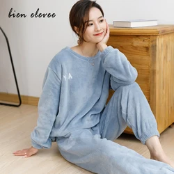 Winter Flannel Pajama Set Womens Thick Warm Pyjamas Sleepwear Home Clothing Coral Velvet Female Nightgown Suit Lounge Wear 2PCS