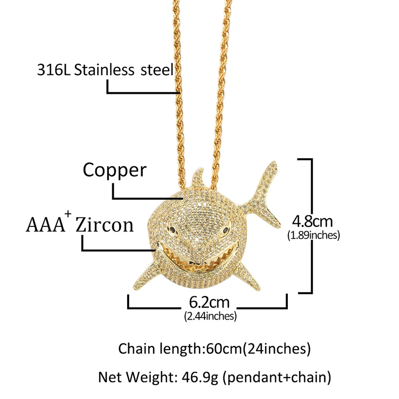 Hip Hop Prong Setting AAA CZ Stone Bling Iced Out Shark Pendants Necklaces for Women Men Unisex Rapper Jewelry