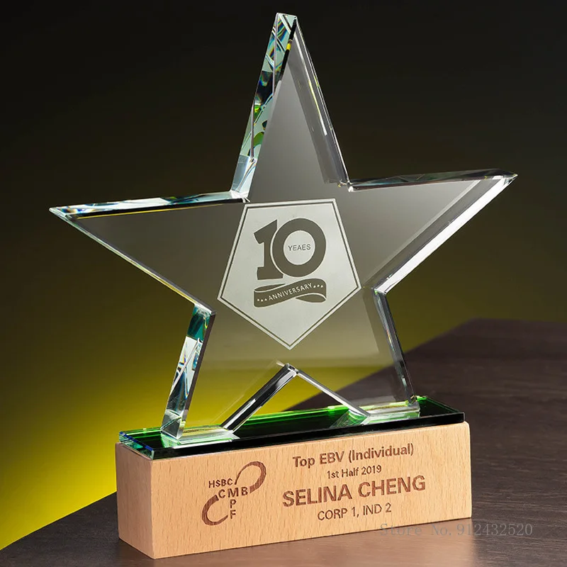 Transparent Crystal Five-Pointed Star Trophy, Personalized Customized Trophy, Various Competition Award Gifts, Wooden Base, 1Pc