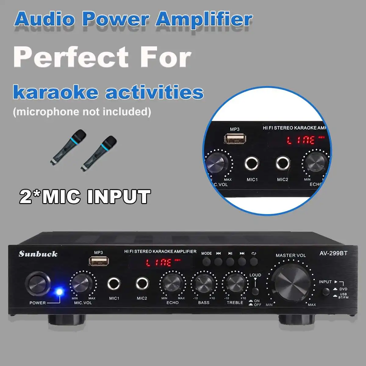 مكبرات الصوت المسرح المنزلي SUNBUCK AV-299BT USB FM 5.0 بلوتوث MP3 2 Mic المدخلات 2CH 2000 واط 50 هرتز ستيريو مكبر كهربائي