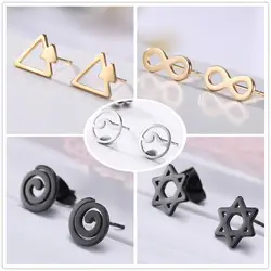 Skyrim Simple Stainless Steel Golden Black Stud Earrings Hexagram Triangle Infinity Round Swirl Earring Jewelry Gift for Women