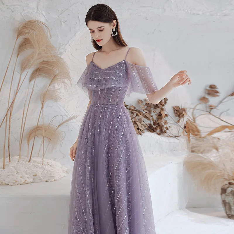 Purple O-Neck Off-the Shoulder Long Bridesmaid Dresses 2022 New Temperament Elegant Sequins Evening Dress Lace Up Prom Gowns