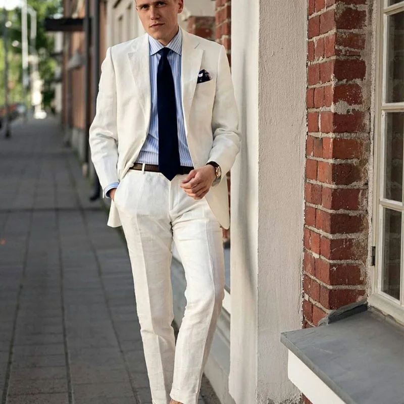 Costume de mariage en lin blanc pour marié, 2 pièces, Slim Fit, deux boutons, revers à pointe, veste de travail formelle, bal, bureau