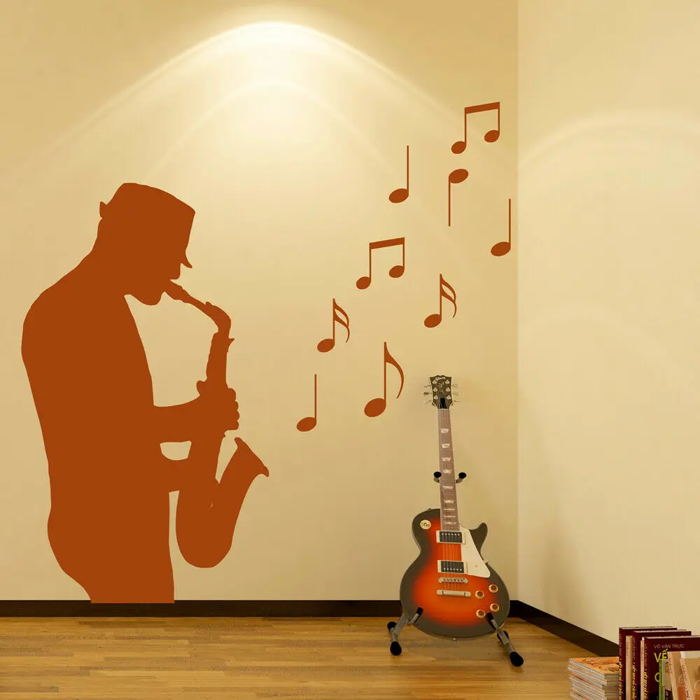 Jazz Saxophone Musician Wall Sticker Vinyl Sax Man Musical Notes Living Room Bedroom Wall Sticker Removable Art Decor Mural Z249