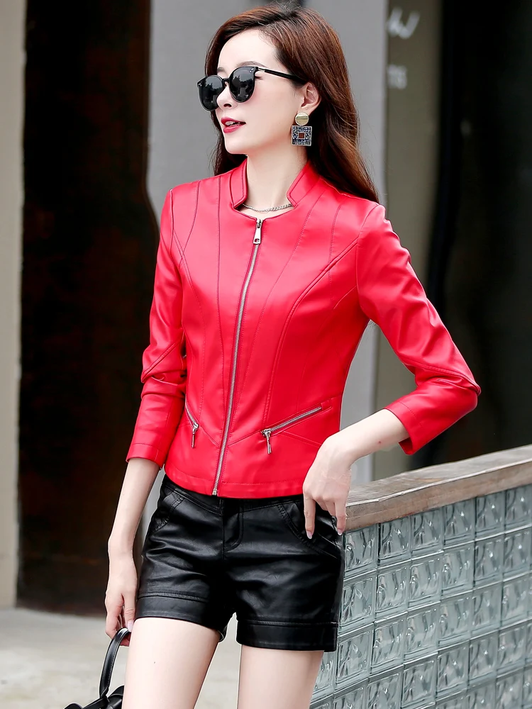 2023 Spring Autumn New Women Genuine Leather Jacket Female Short Korean Slim Sheep Leather Coat Trendy Stand Collar Outerwear