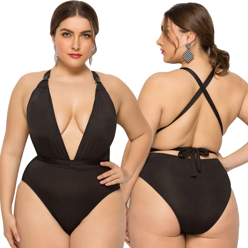 

YY16 Women's Swim Suit Bikinis 1 Piece Big Plus Size Black Fat Beach Wear Sexy High Waist Deep V Female Summer Bathing Suit