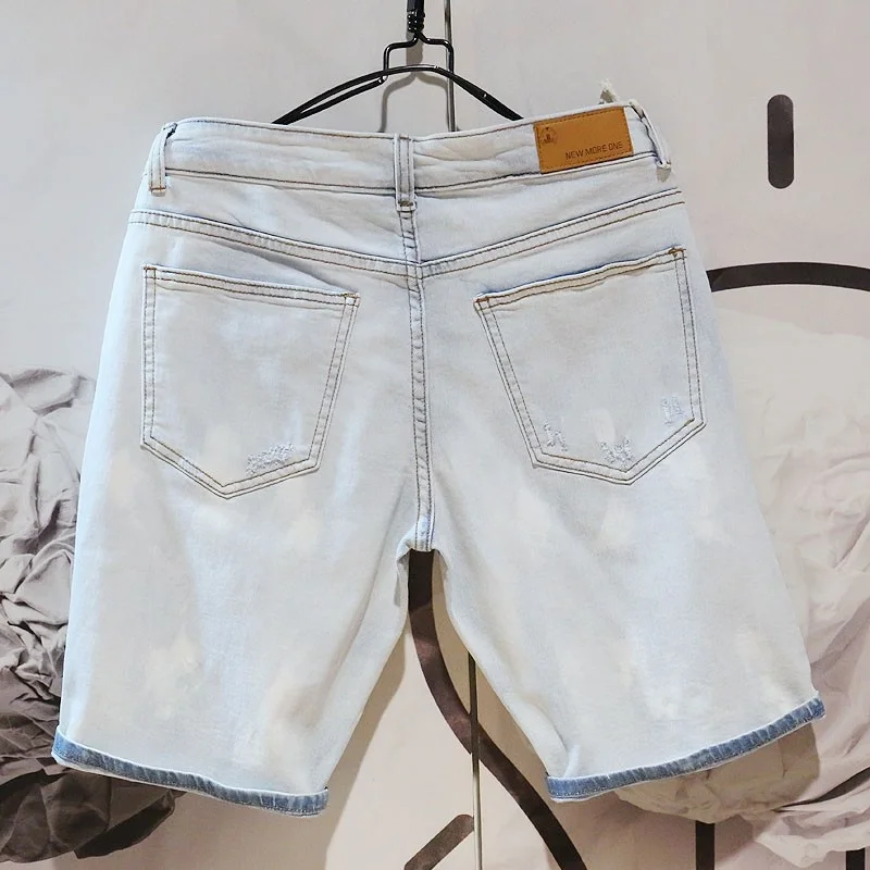 

Summer Fashion Hole Ripped Straight Knee Length Denim Shorts Men Slim Fit Distressed Wash Light Blue Leisure Short Sweatpants