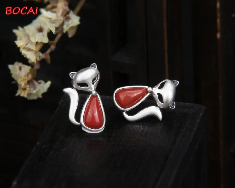 Real S925 sterling silver small fox earrings female simple cute small animal personality sweet southern red fox creative earring