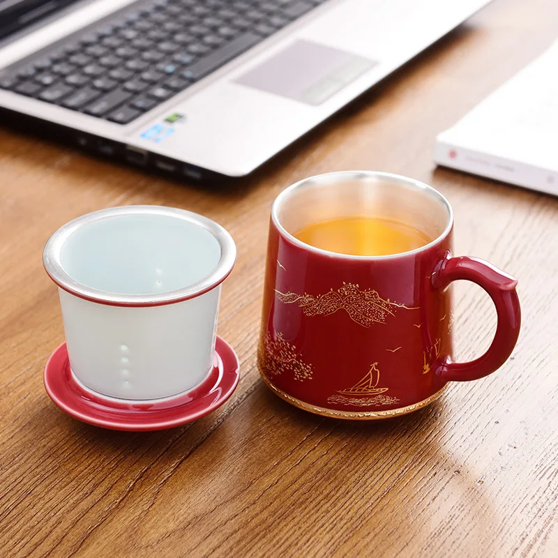 Hand Painted Silver Cup 999 Pure Silver Health Cup Ceramic Water Cup Silver Gilded Personal Office Tea Cup With Cover Filter