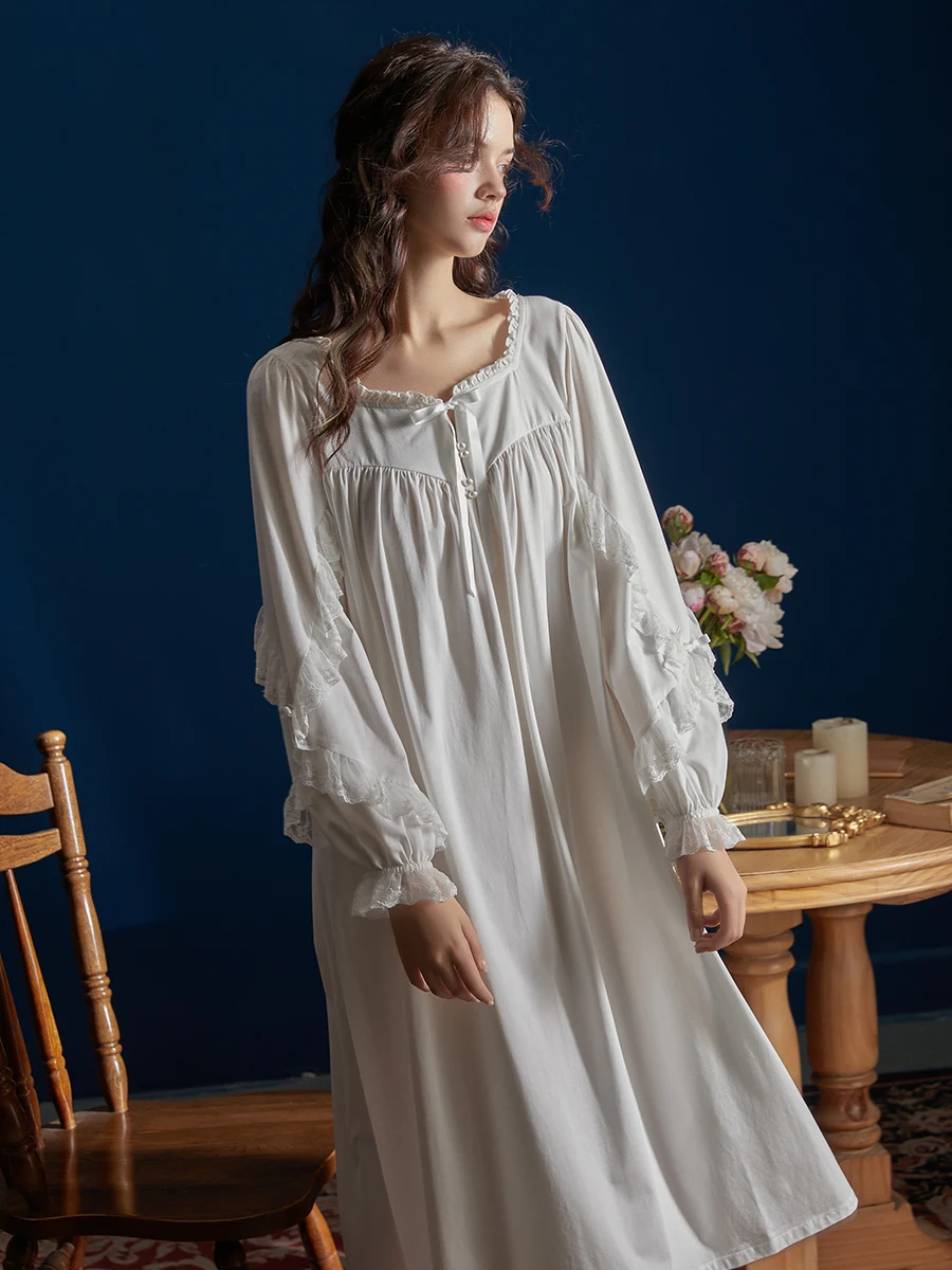 Hanxiuju Vintage Long Nightshirts For Women Royal Princess Delicate Lace Sleeve Loose Solid Color Sweet Sleepwear Home Wear