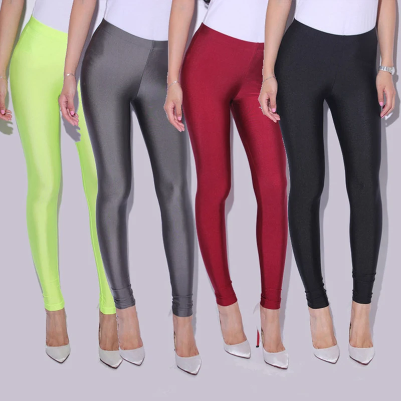 LJCUIYAO-Pantalones brillantes fluorescentes para mujer, Leggings de licra, elasticidad brillante, pantalones casuales, cintura alta elástica, Color sólido