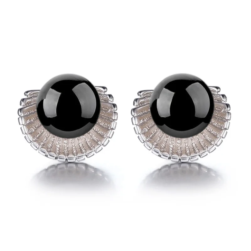 Cellacity Vintage Stud Earrings for Women Silver 925 Jewelry with Gemstones Female Red Black Agate Ear Studs Scallop shaped Gift