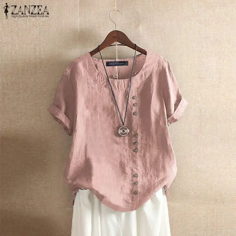 ZANZEA Women Summer O Neck Short Sleeve Cotton Linen Shirt Casual Blouse Loose Buttons Tops Femininas Blusas Work Top Chemise