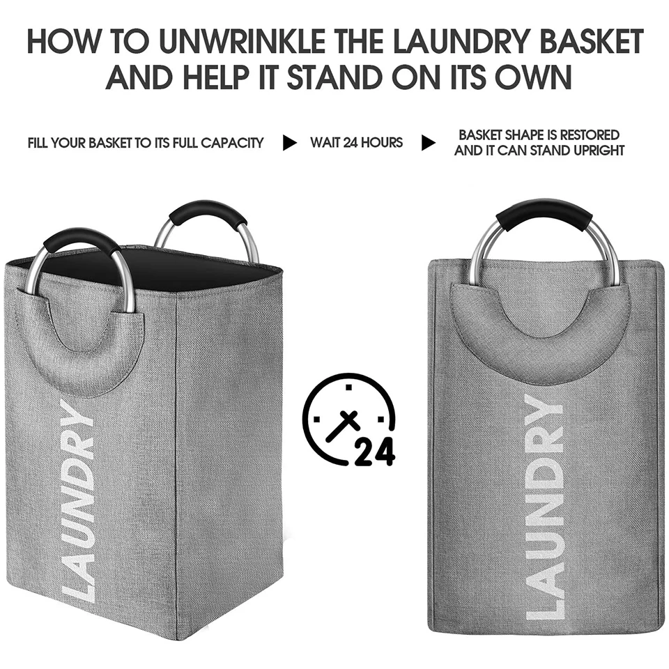 Collapsible Fabric Laundry Hamper with Ring Aluminum Handle for Easy Carry Portable Washing Bin Folding Clothes Bag images - 6