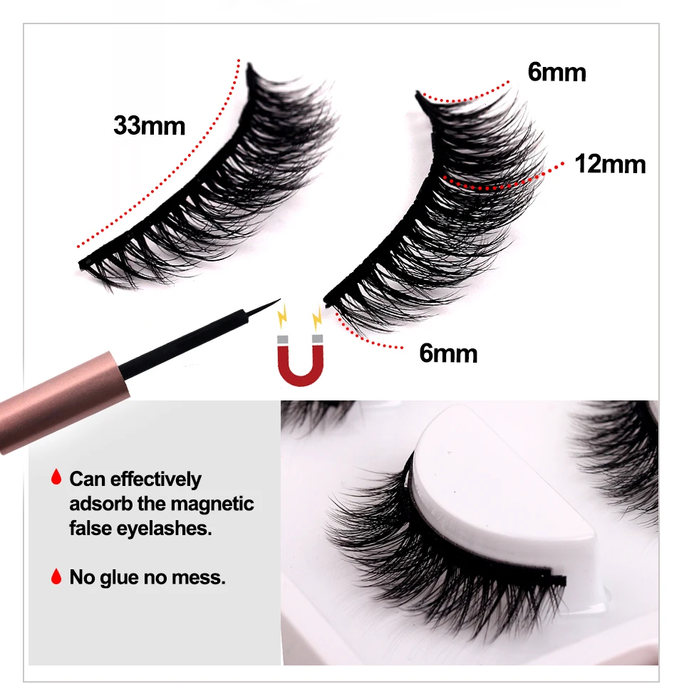 THINKSHOW 3 Pairs Magnetic Eyelashes Liquid Eyeliner & Tweezer Set &Magnetic False Eyelashes Waterproof Long Lasting Eye Lash