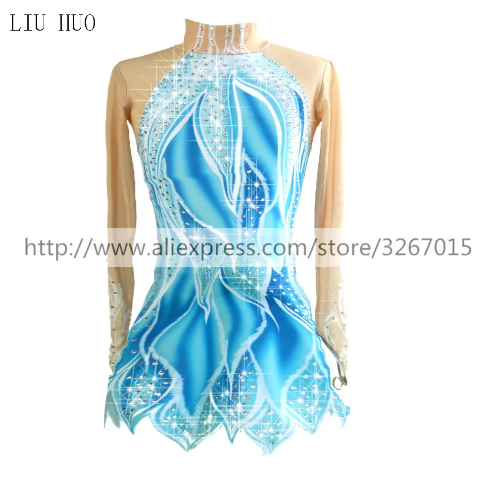 LIUHUO Ice Figure Skating Dress Women\'s Girls\' Blue White Competition Performance Costume Dance Leotard Rhythmic Gymnastics Teen