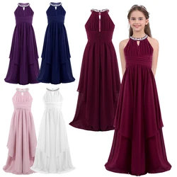 Chiffon Flower Girls Dress Floor-Length Sleeveless Wedding Party Dress Sequin Halter Flower Girl Dress Princess Pageant Dresses