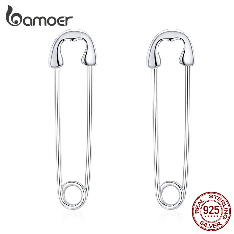 BAMOER Authentic 925 Sterling Silver Happy paper clip Stud Earrrings for Women Retro Jewelry earring Bijoux SCE695-A