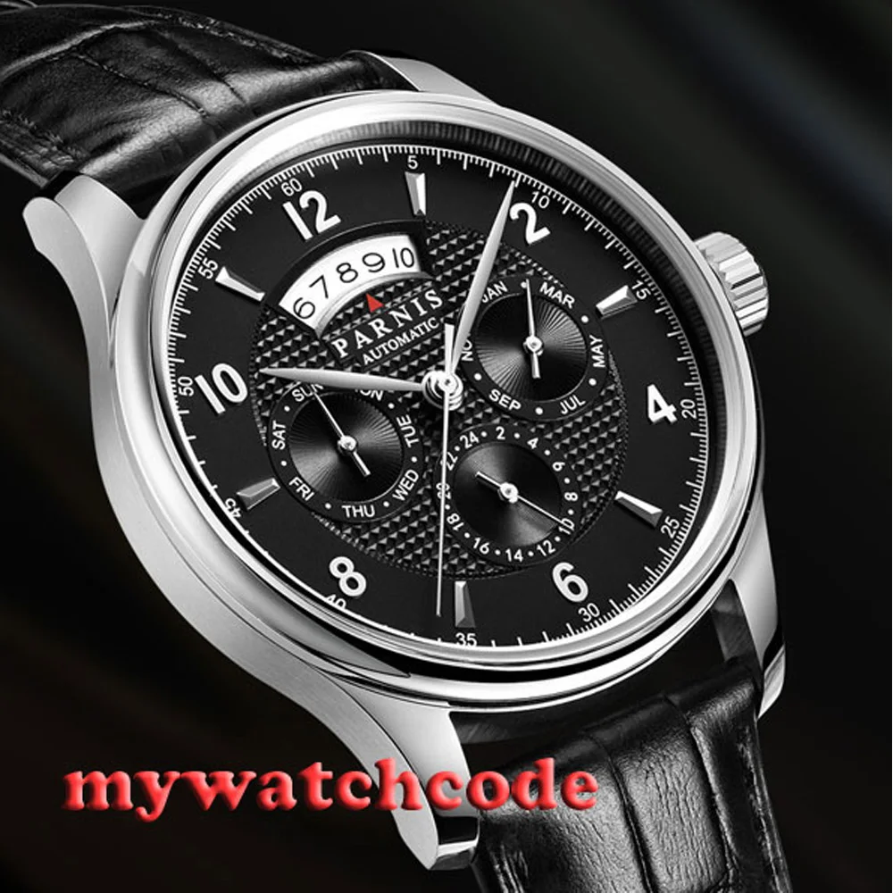 42mm Parnis Black Dial Sapphire Glass 26 Jewels Miyota 9100 Automatic Date Week Multifunction Mens Watch Leather Strap P535