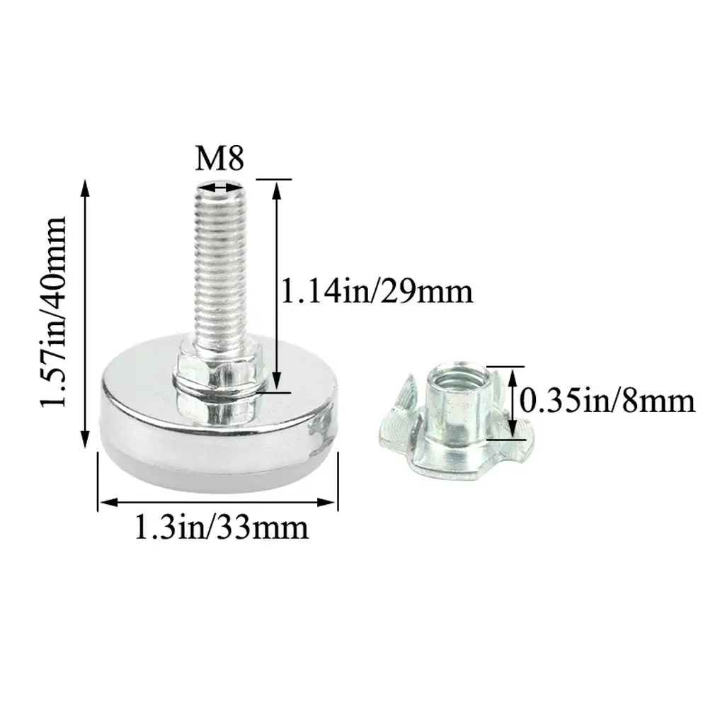 8/16/40/80Set M8 33mm Furniture Levelers Table Leveling Foot Adjustable w/T-Nuts (8 PCS Furniture Leg Screws & 8 PCS T-Nuts)