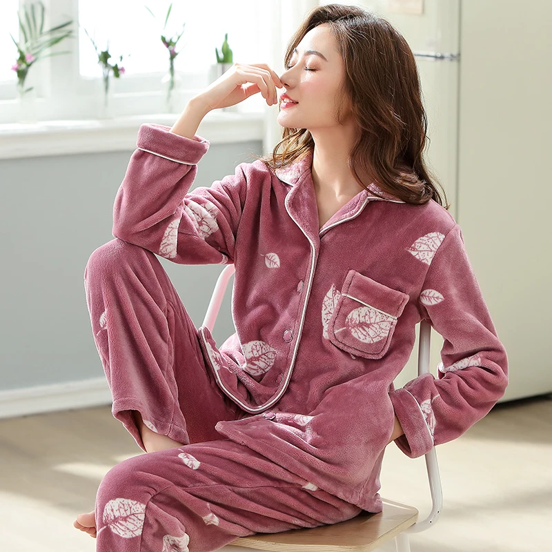 

Warm Winter Pajamas Set Women Sleepwear Warm Flannel Long Sleeves Pajamas Print Elegantl Homewear Thick Home Suit XXL XXXL