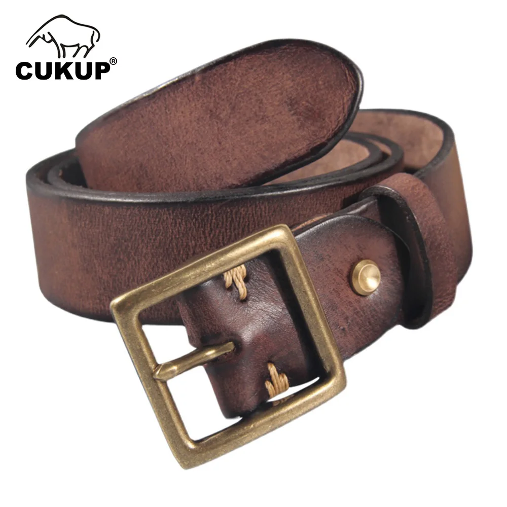 

CUKUP Top Quality Solid Mens Solid Cowhide Leather Belts Brass Pin Buckle Metal Belt for Men Jeans Accessories 38mm Wide NCK1012