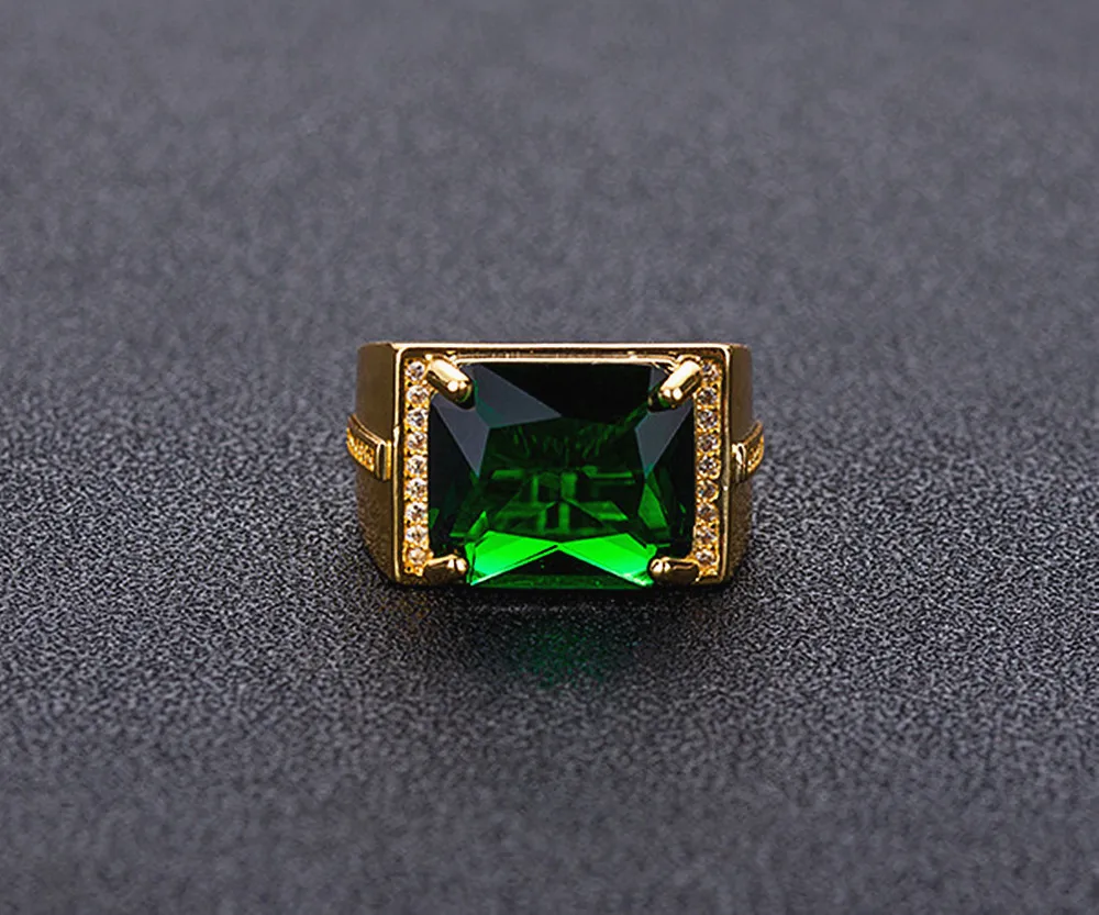 Vintage green crystal emerald gemstones diamonds rings for men 18k gold color bague jewelry bijoux fashion accessories gifts new