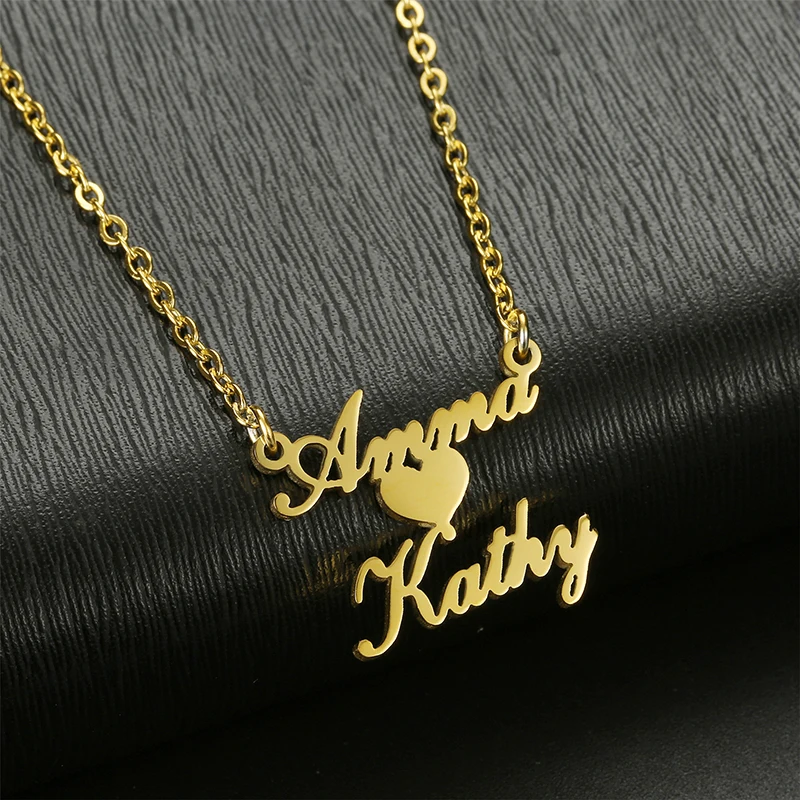 Kcaco Double Name Heart Necklace Custom Letters Pendant Choker Romantic Stainless Steel Gold Color Nameplate Family Gifts