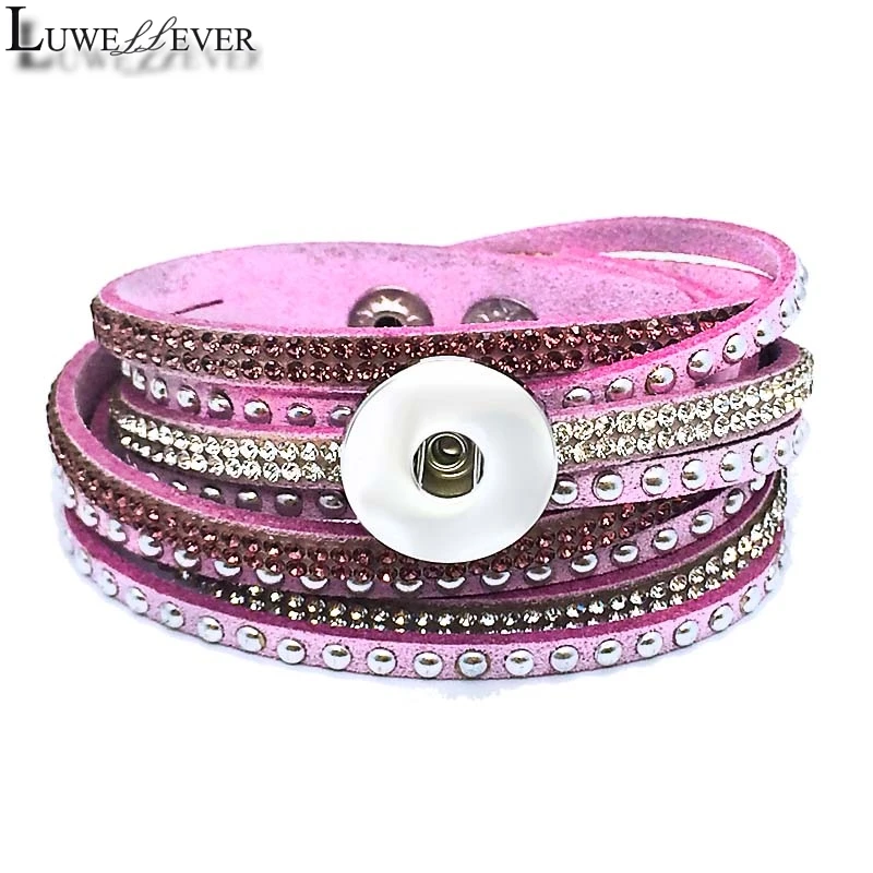 New Interchangeable Crystal 189 Rhinestones Velvet Leather Bracelet 18mm Snap Button Jewelry Charm Bangle For Women Gift 39cm