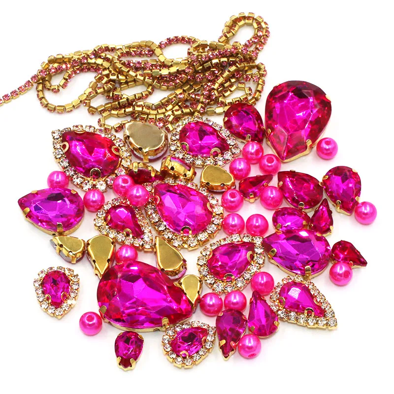 Wedding Decoration gold base Rose red Mix size Glass Crystal Stones Pearl Beads Cup Chain Rim Rhinestones Sew On Clothing/Dress