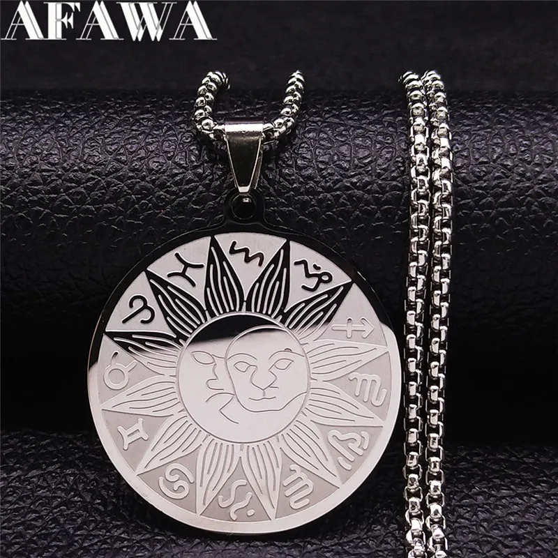 12 Constellations Sun Moon Astrology Stainless Steel Chain Necklace Silver Color Jewelry collier signe astrologique 3425-QKC