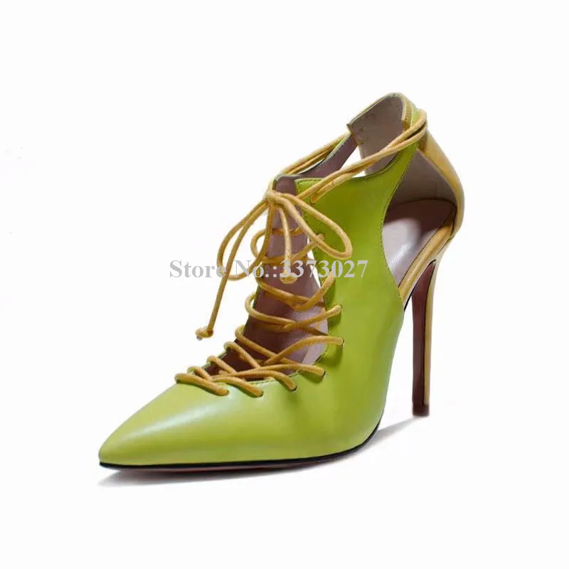 

New Green Leather Lace-up Woman Pumps Shoes Fashion Design Mixed Color Pointed Toe Stiletto Heel Sandals Shoes Lady Dress Shoes