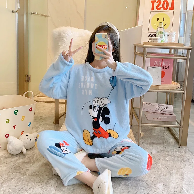 Pajamas Women Mickey Donald Duck Cute Thickened Flannel Winter Cartoon Long-Sleeved Home Service Suit