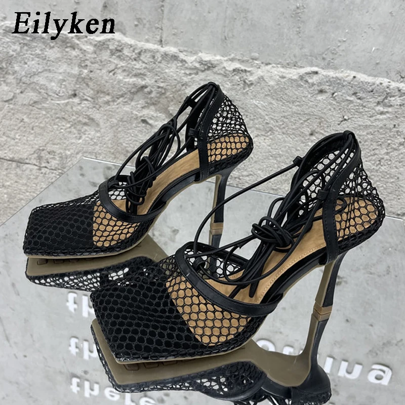 Eilyken Sexy Mesh Pumps Sandals Female Square Toe High Heel Lace Up Cross-Tied Stiletto Hollow Dress Shoes Zapatos Mujer