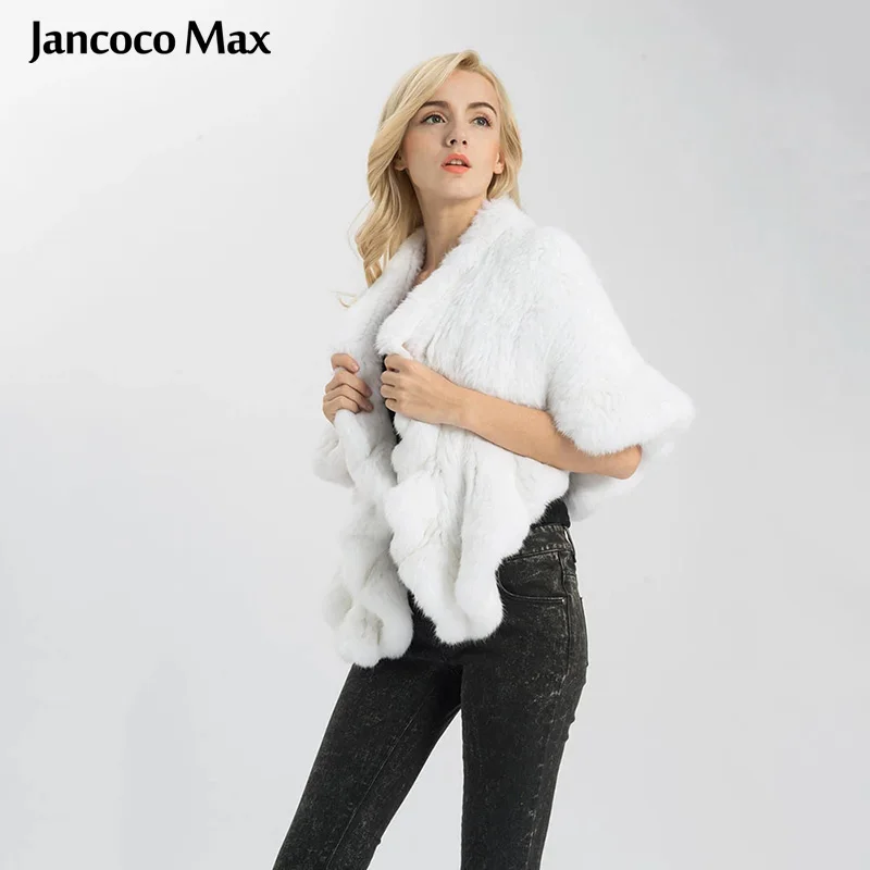 Jancoco Max New Spring Real Rabbit Fur Poncho Women Thick Knitted Fur Shawls Soft Warm Fashion Poncho S1025