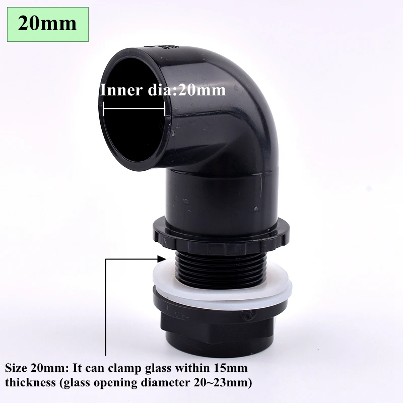 Black I.D 20~50mm PVC Pipe Aquarium Fish Tank 90° Elbow Drainage Connector Overflow Thread DIY Water Tank Inlet Outlet Joints