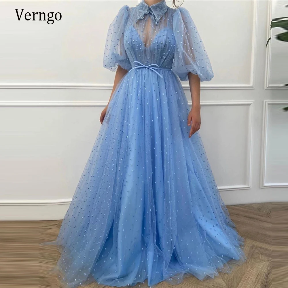 Verngo Elegante Baby Blau Gepunktete Tüll EINE linie Prom Kleider 2021 High Neck Puff Ärmeln Lange Abendkleider Vestido de fiesta