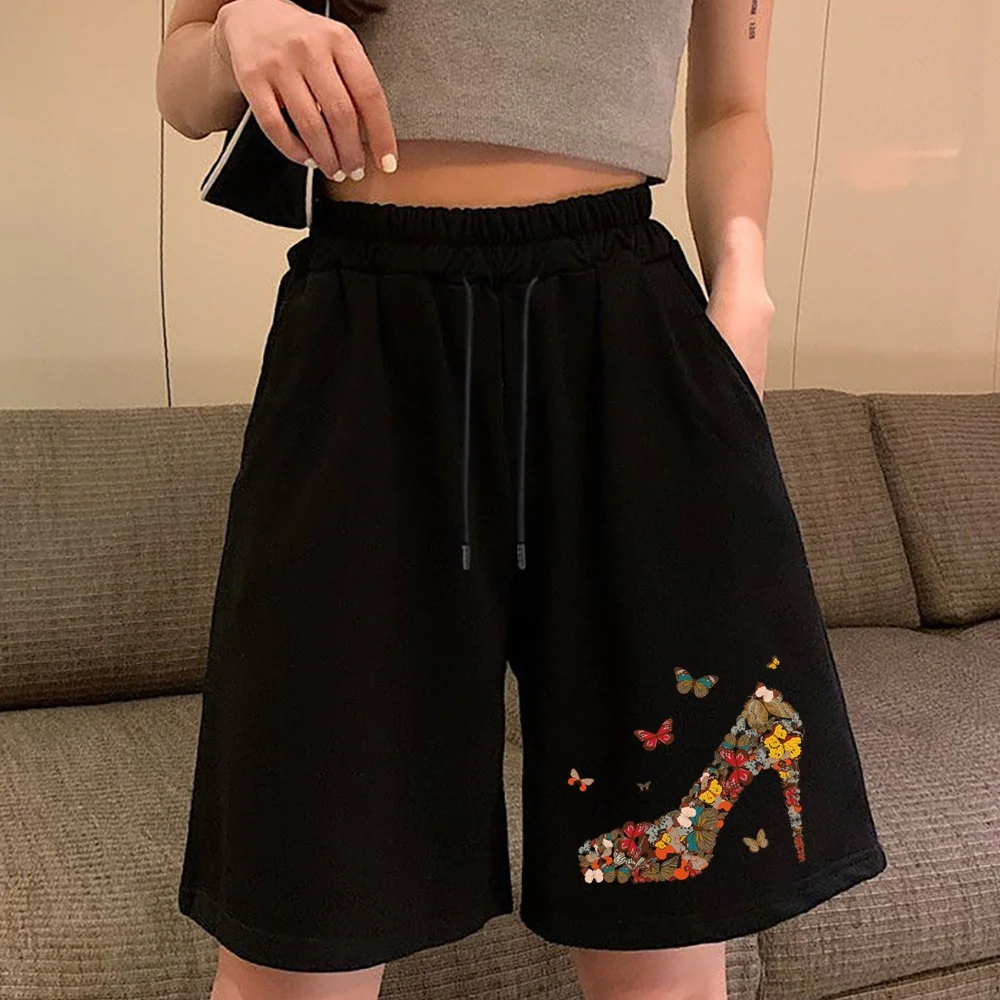 Summer Shorts Women Summer Bermuda Shorts Loose Casual Sports Stretchy Straight Leg Butterfly Printed Breathable Sweatshorts